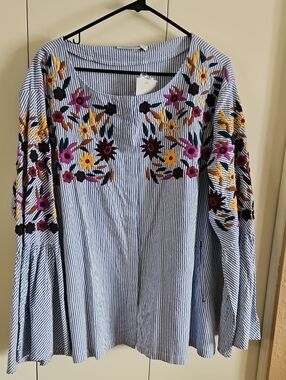 Striped Embroidered Peasant Blouse - Blue, White, Yellow, Pink
